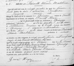 Acte de décès de Marie Madeleine PAIRAULT le 24/02/1911 à Quincay (86)