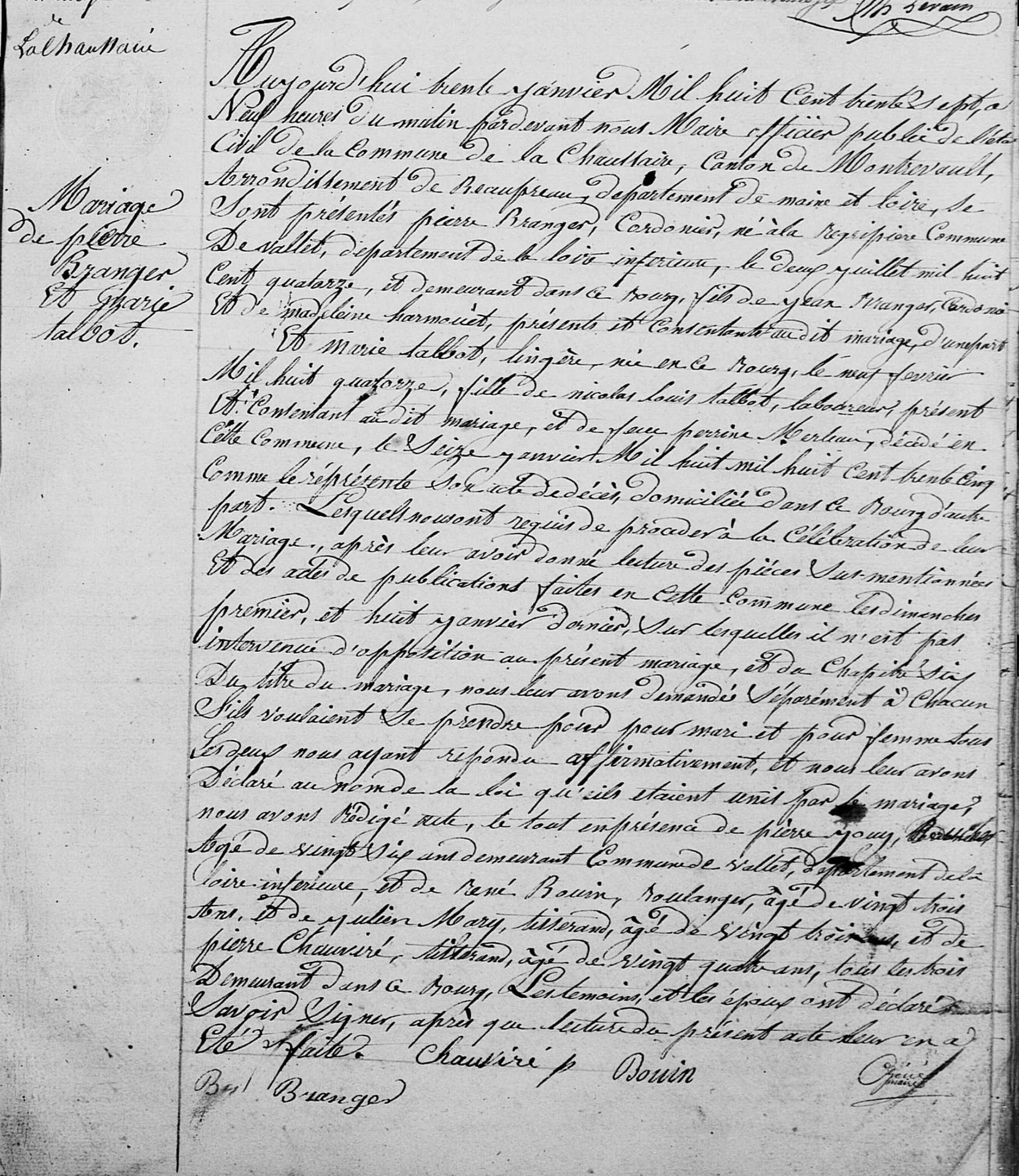 Acte de mariage de Pierre BRANGER et Marie TALBOT le 30/01/1837 à La Chaussaire (49)