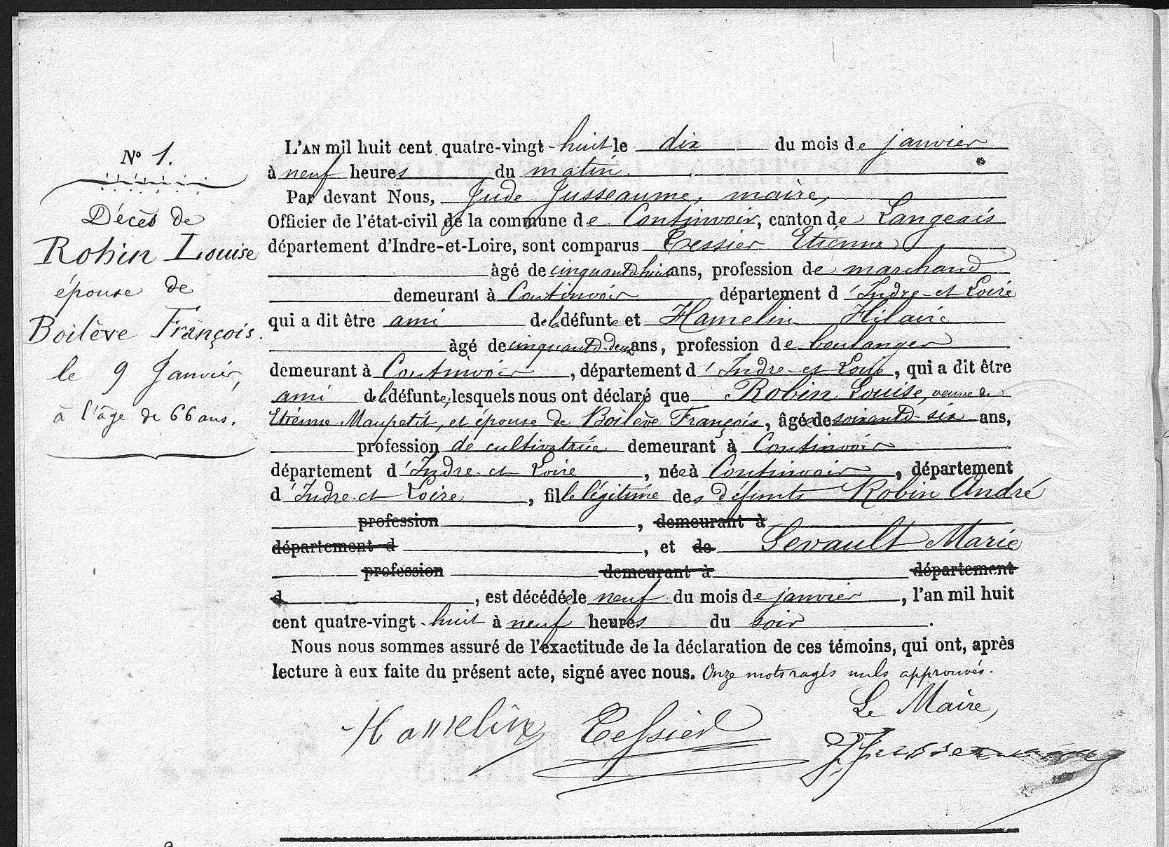 Acte de décès de Louise ROBIN le 10/01/1888 à Continvoir (37)