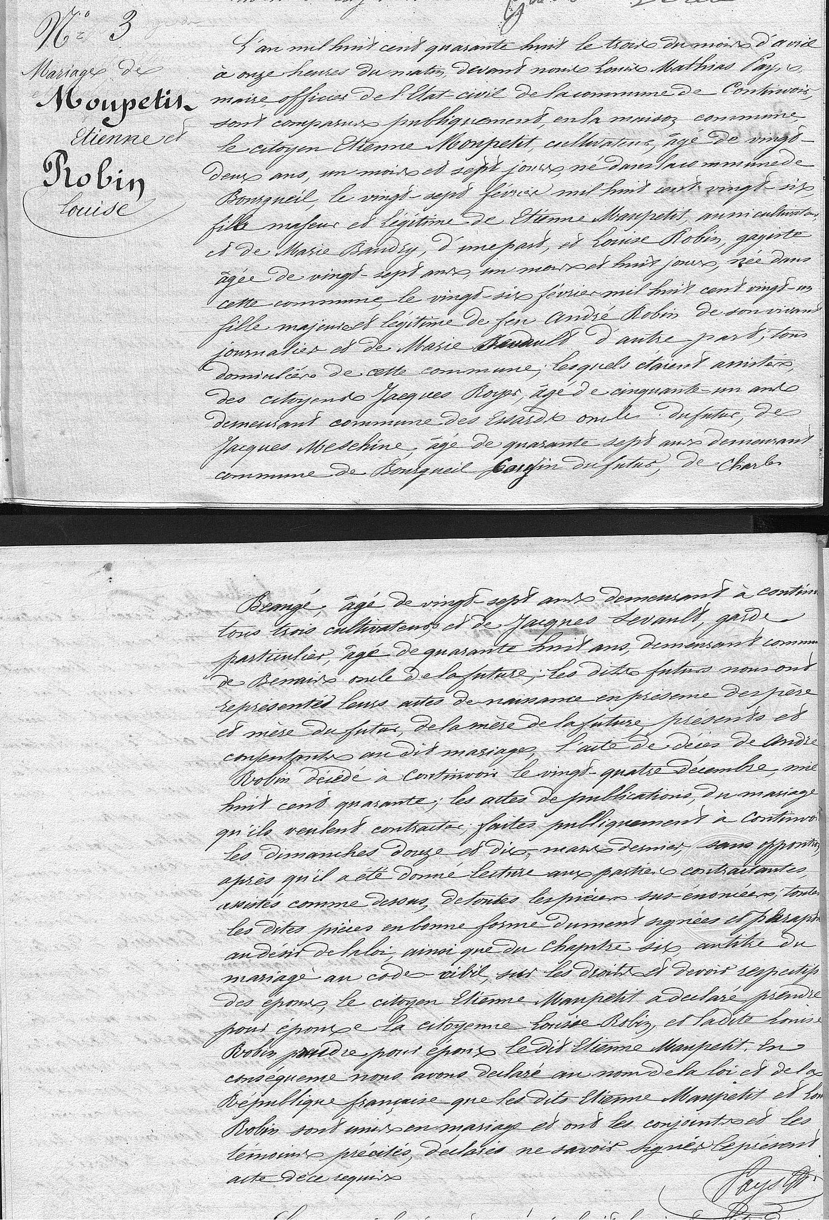 Acte de mariage d'Etienne MAUPETIT et Louise ROBIN le 03/04/1848 à Continvoir (37)