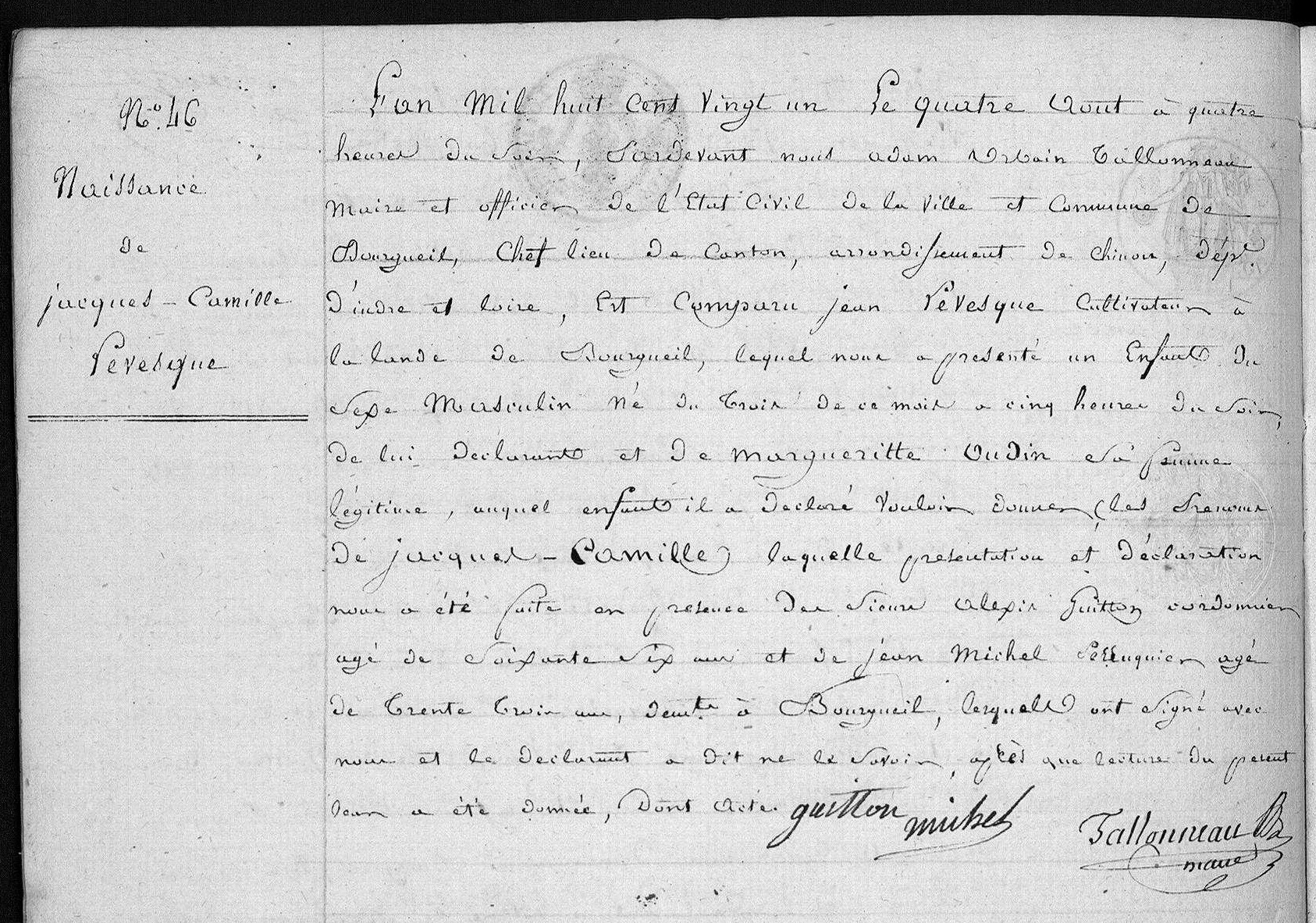 Acte de naissance de Jacques Camille LEVÊQUE le 04/08/1821 à Bourgueil (37)
