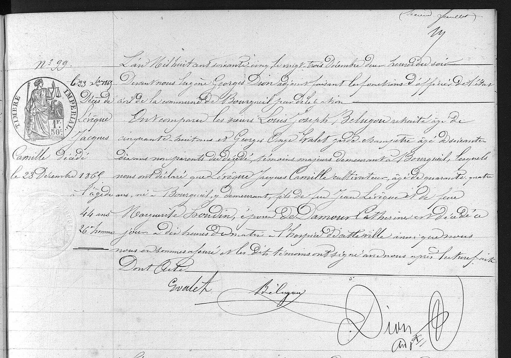 Acte de décès de Jacques Camille LEVÊQUE le 23/12/1865 à Bourgueil (37)