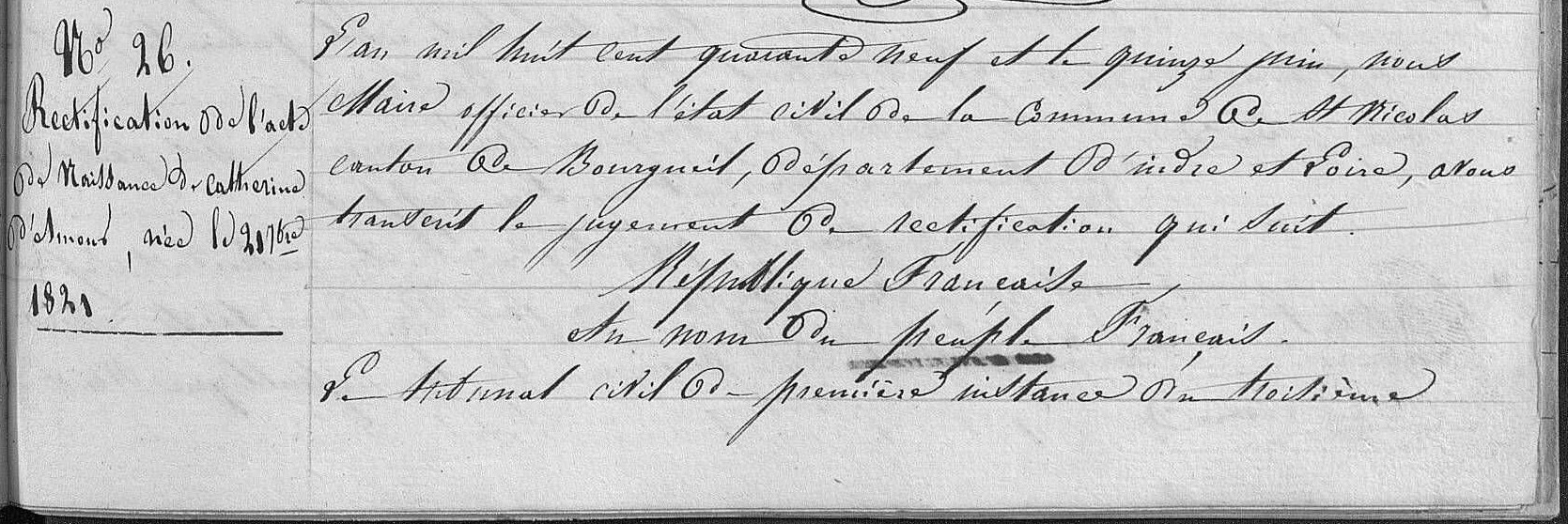Acte de naissance de Catherine DAMOUR le 15/06/1849 à Saint-Nicolas-de-Bourgueil (37)