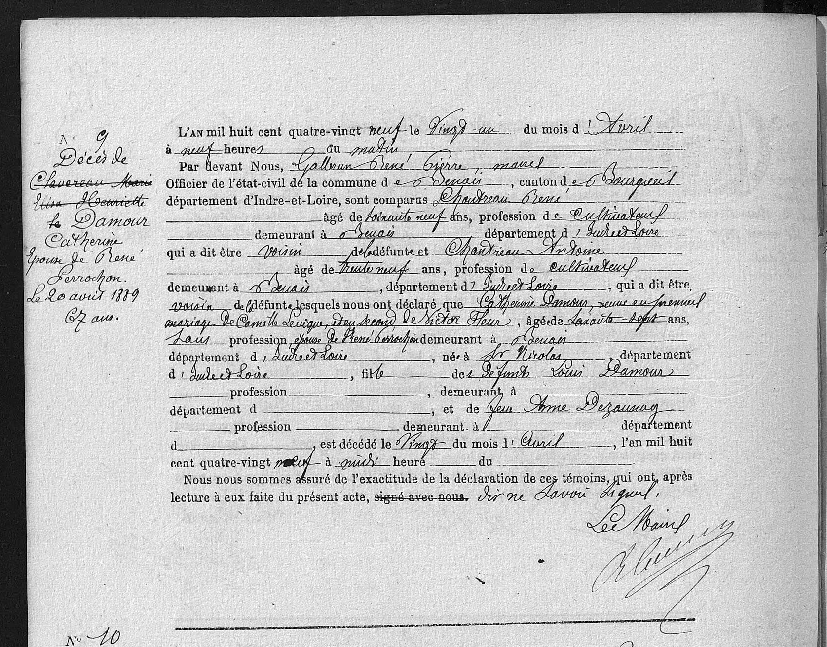 Acte de décès de Catherine DAMOUR le 21/04/1889 à Benais (37)