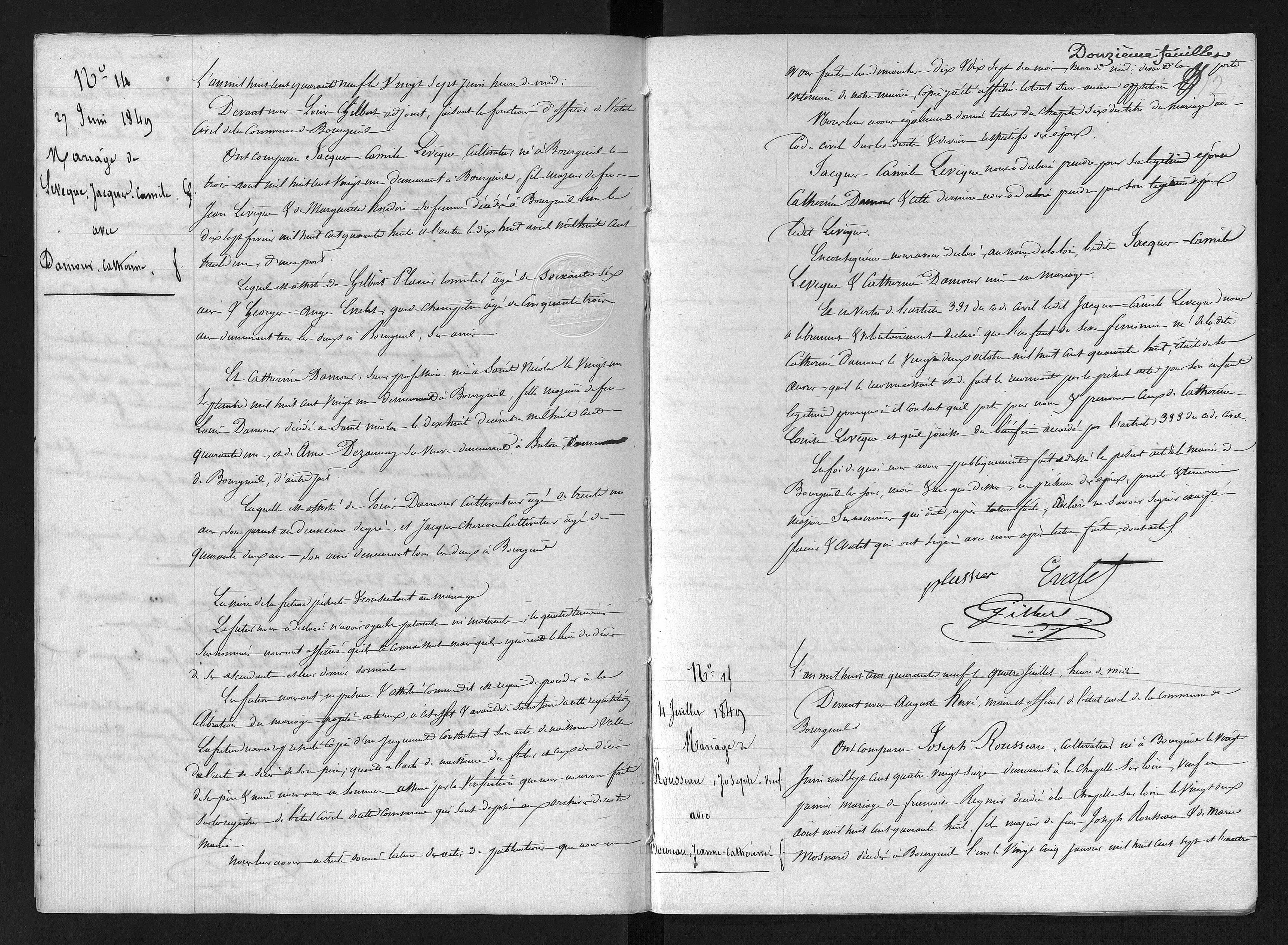 Acte de mariage de Jacques Camille LEVÊQUE et Catherine DAMOUR le 27/06/1849 à Bourgueil (37)