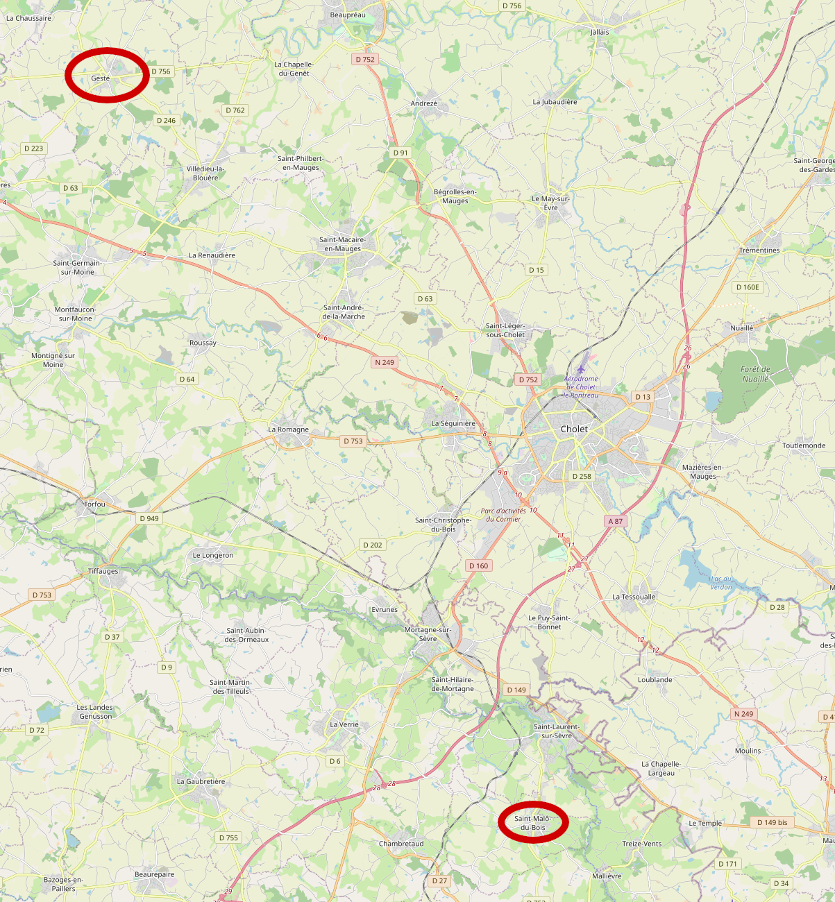 Localisation de Gesté (49) et Saint-Malô-du-Bois (85)