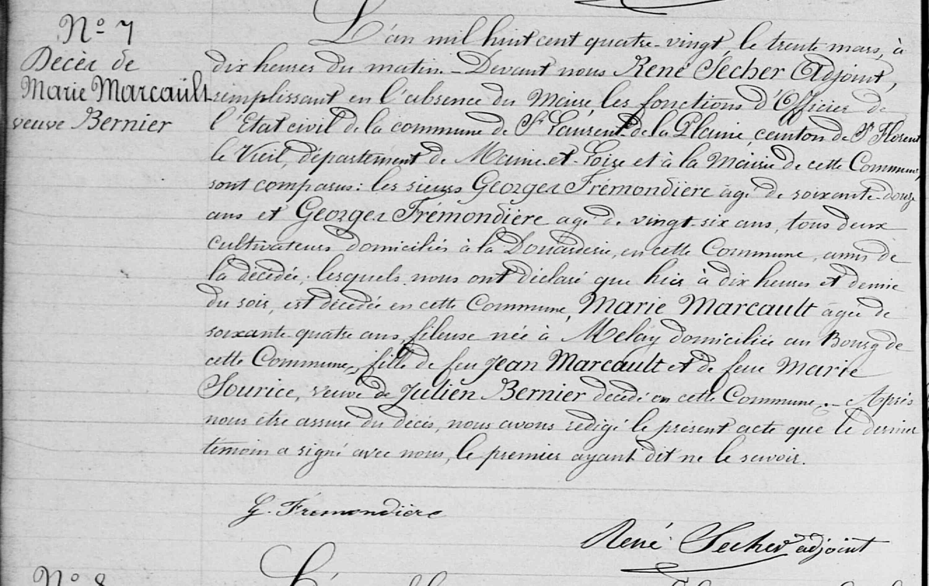 Acte de décès de Marie MARCAULT le 30/03/1880 à Saint-Laurent-de-la-Plaine (49)