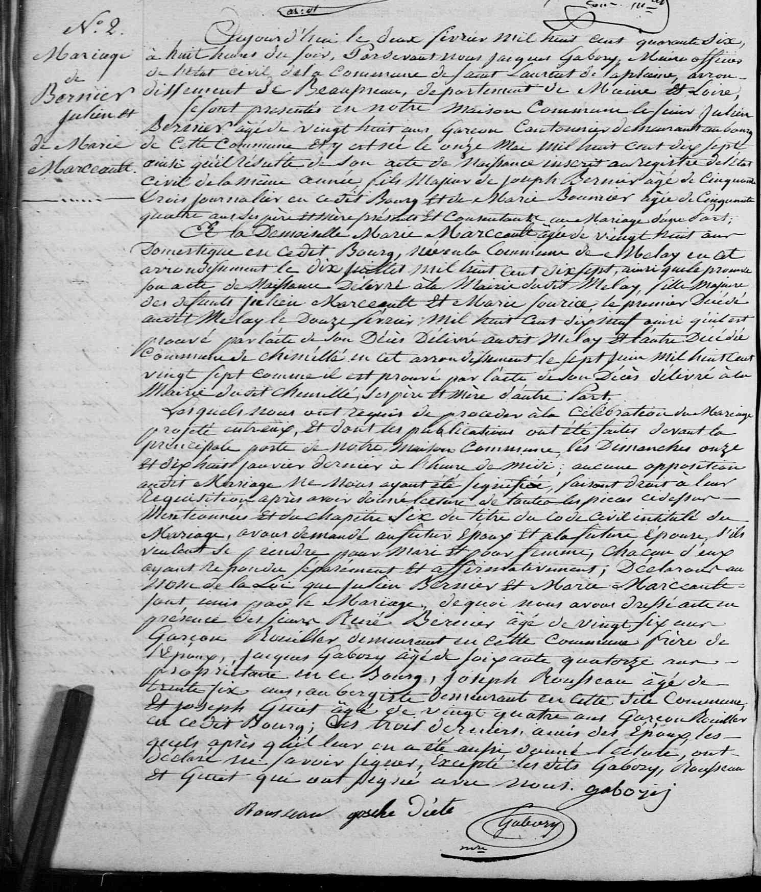 Acte de mariage de Julien BERNIER et Marie MARCAULT le 02/02/1846 à Saint-Laurent-de-la-Plaine (49)