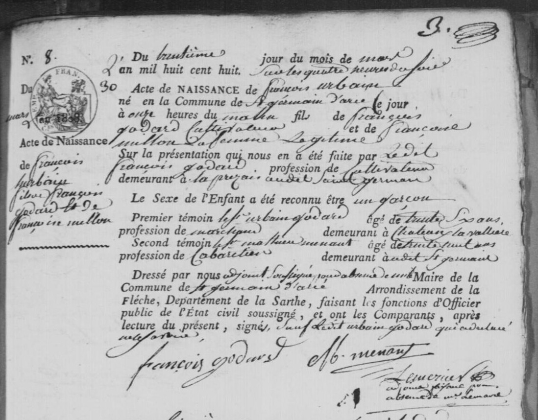 Acte de naissance de François Urbain GODARD le 30/03/1808 à Saint-Germain-d'Arcé (72)