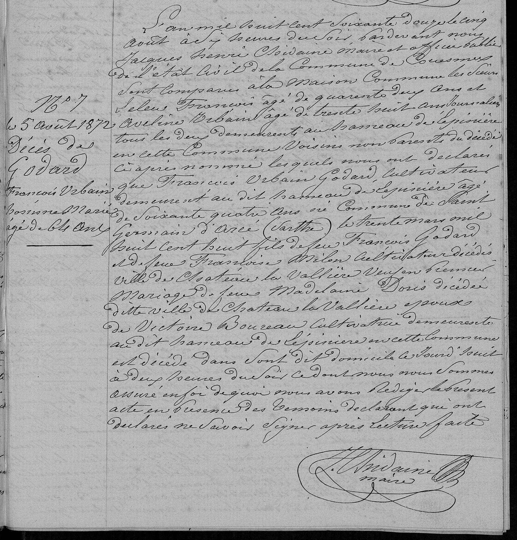 Acte de décès de François Urbain GODARD le 05/08/1872 à Couesmes (37)