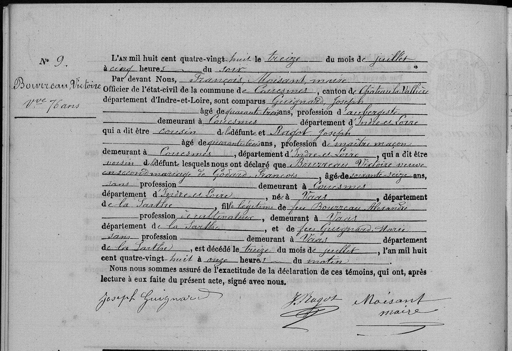 Acte de décès de Victoire BOURREAU le 13/07/1888 à Couesmes (37)