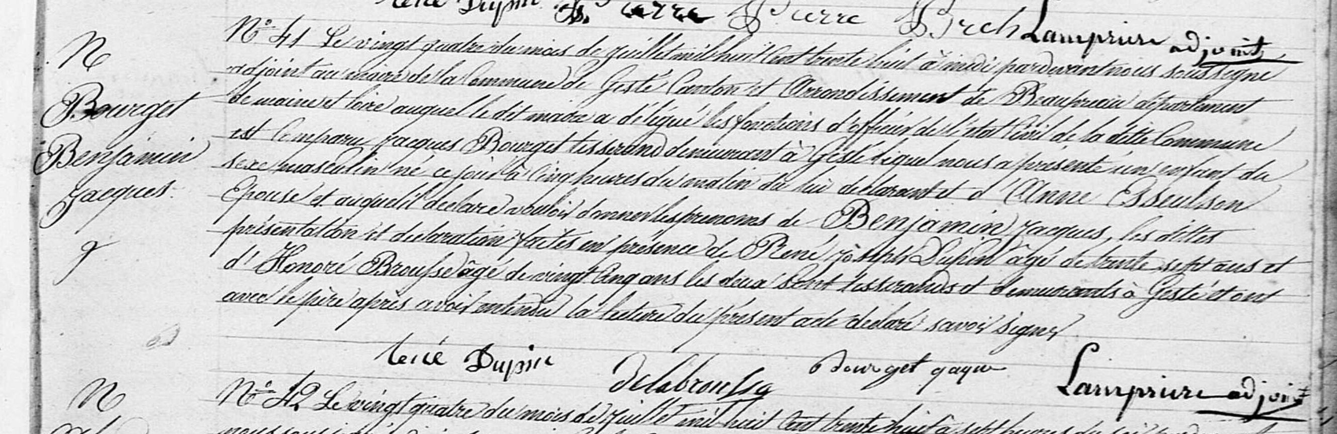 Acte de naissance de Benjamin Jacques BOURGET le 24/07/1838 à Gesté