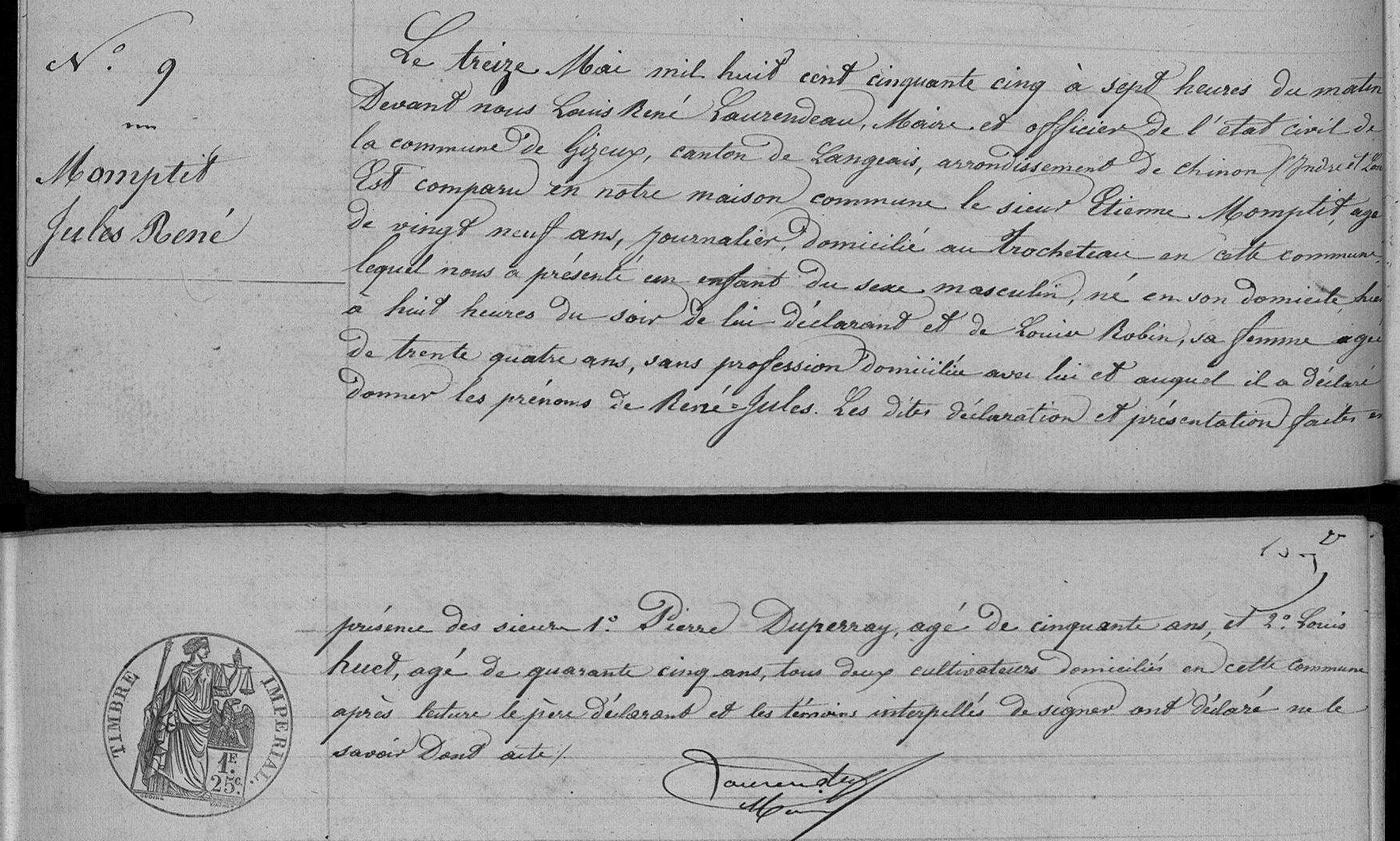 Acte de naissance de René Jules MOMPTIT (MAUPETIT) le 12/05/1855 à Gizeux