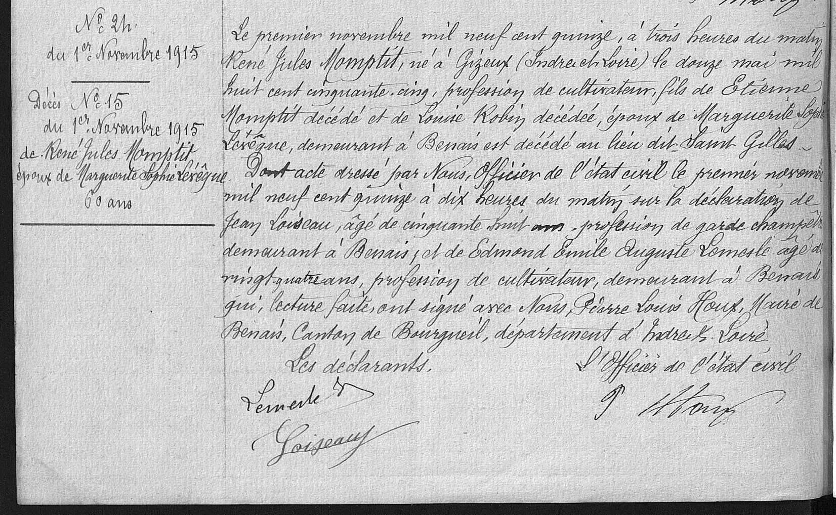 Acte de décès de René Jules MOMPTIT (MAUPETIT) le 01/11/1915 à Benais