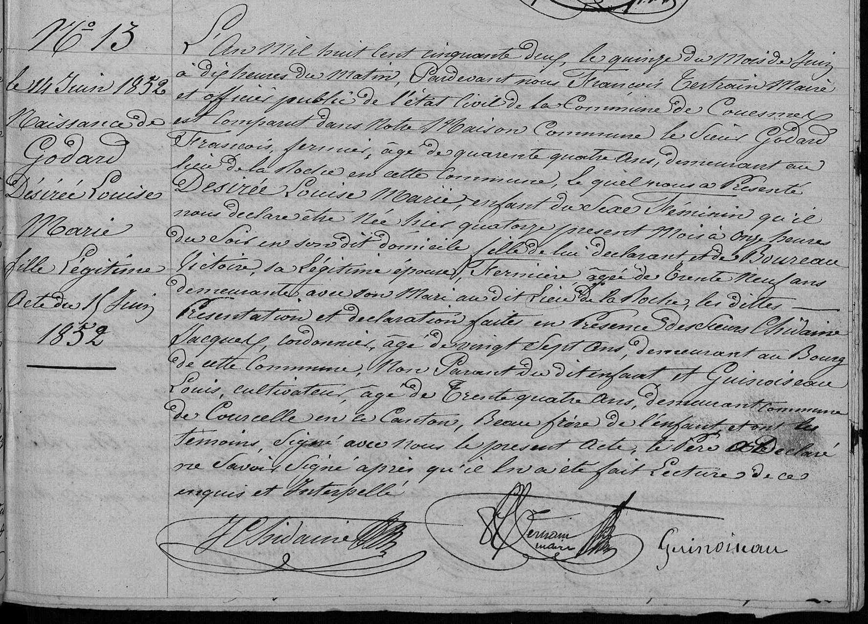 Acte de naissance de Désirée Louise Marie GODARD le 14/06/1852 à Cousemes