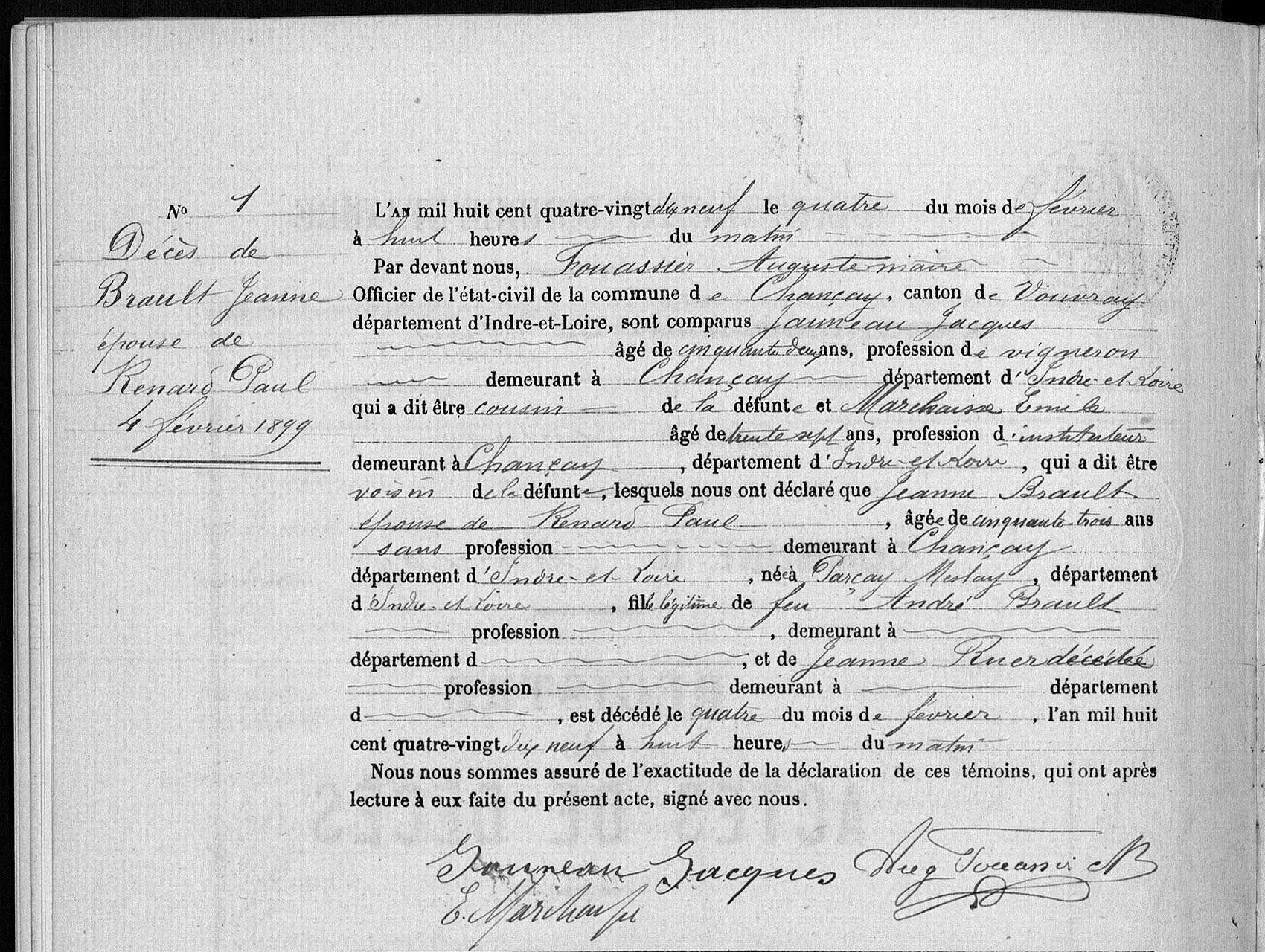 Acte de décès de Jeanne BRAULT le 04/02/1899 à Chançay