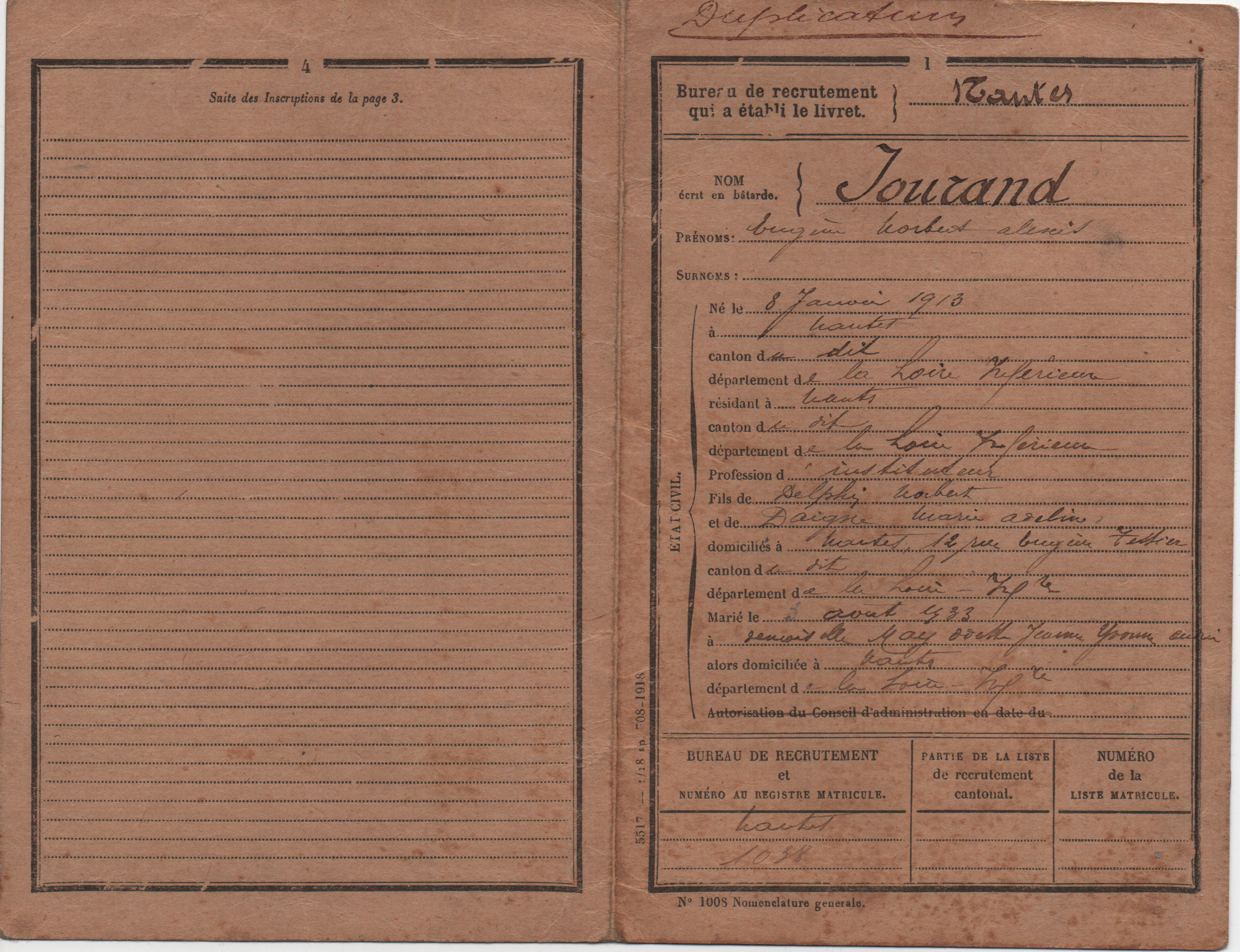 Fiche matriculaire de Eugène Norbert Alexis JOURAND
