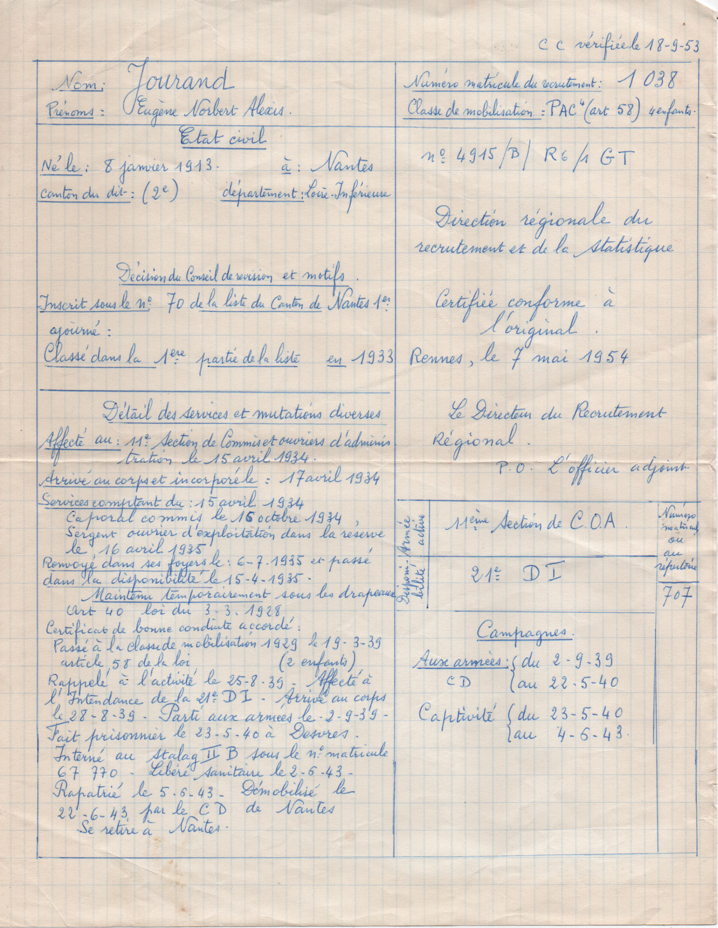 Registre matricule de Eugène Norbert Alexis JOURAND