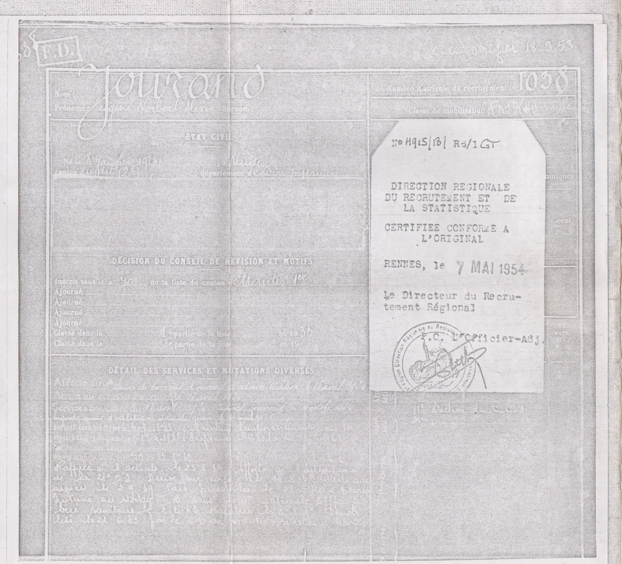 Registre matricule de Eugène Norbert Alexis JOURAND