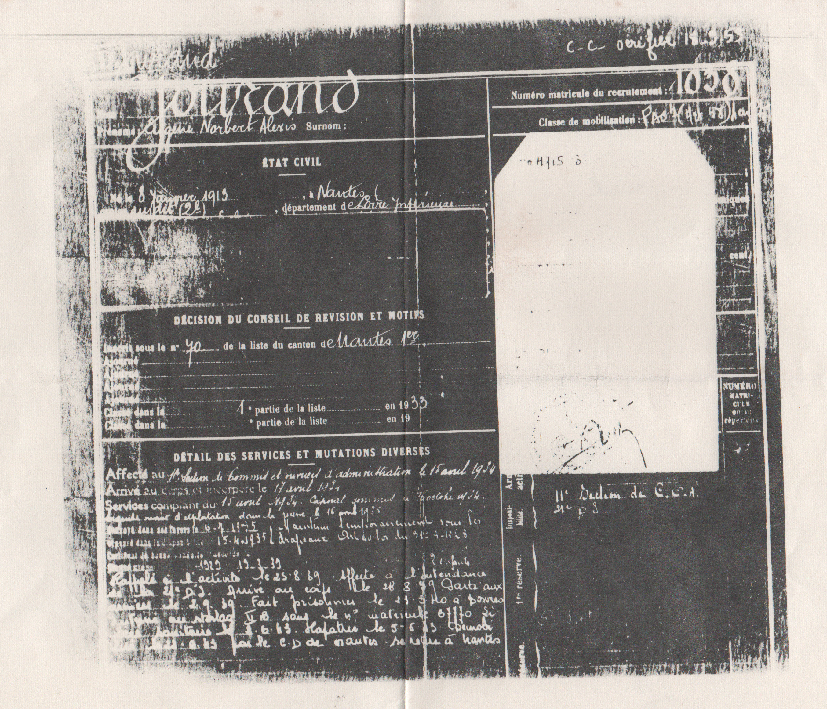 Registre matricule de Eugène Norbert Alexis JOURAND