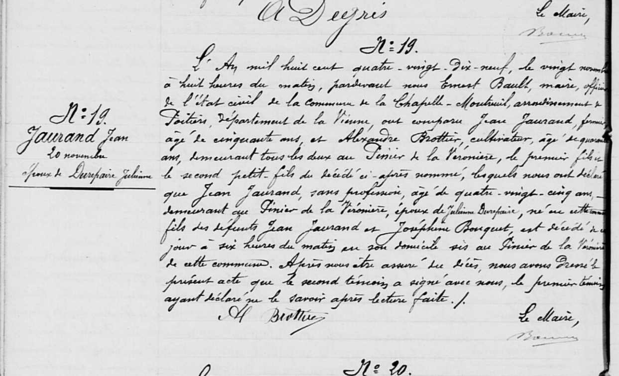 Acte de décès de Jean JOURAND le 20/11/1899 à La Chapelle-Montreuil (86)