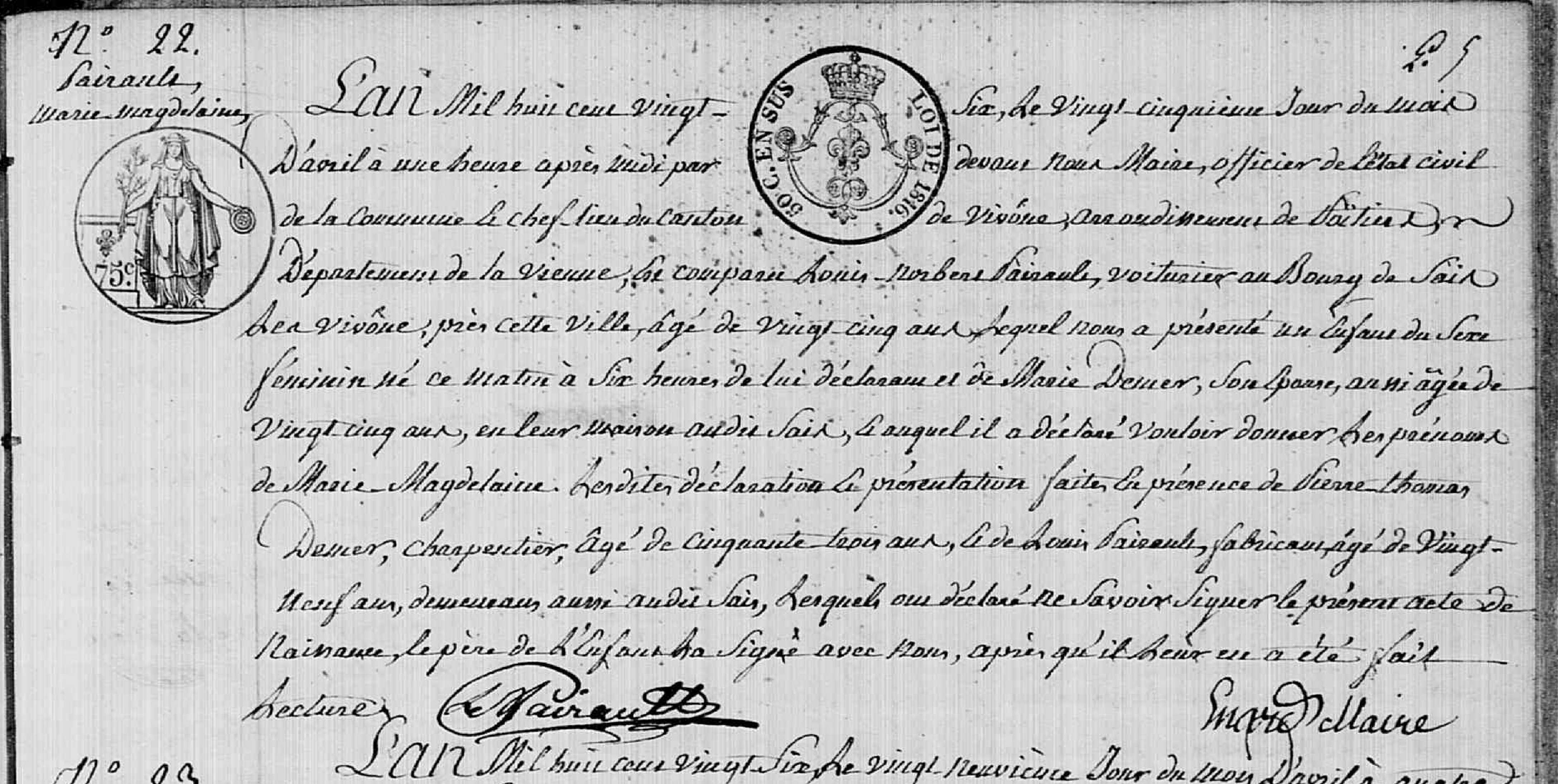 Acte de naissance de Marie Madeleine PAIRAULT le 25/04/1826 à Vivonne (86)