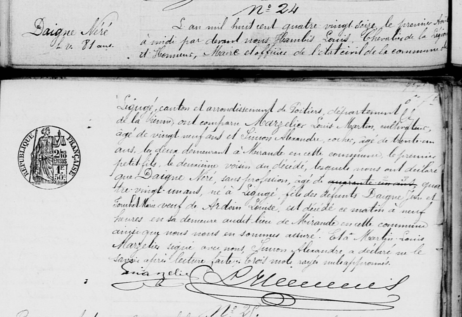Acte de décès de Néré Jacques DAIGNE le 01/08/1896 à Ligugé (86)