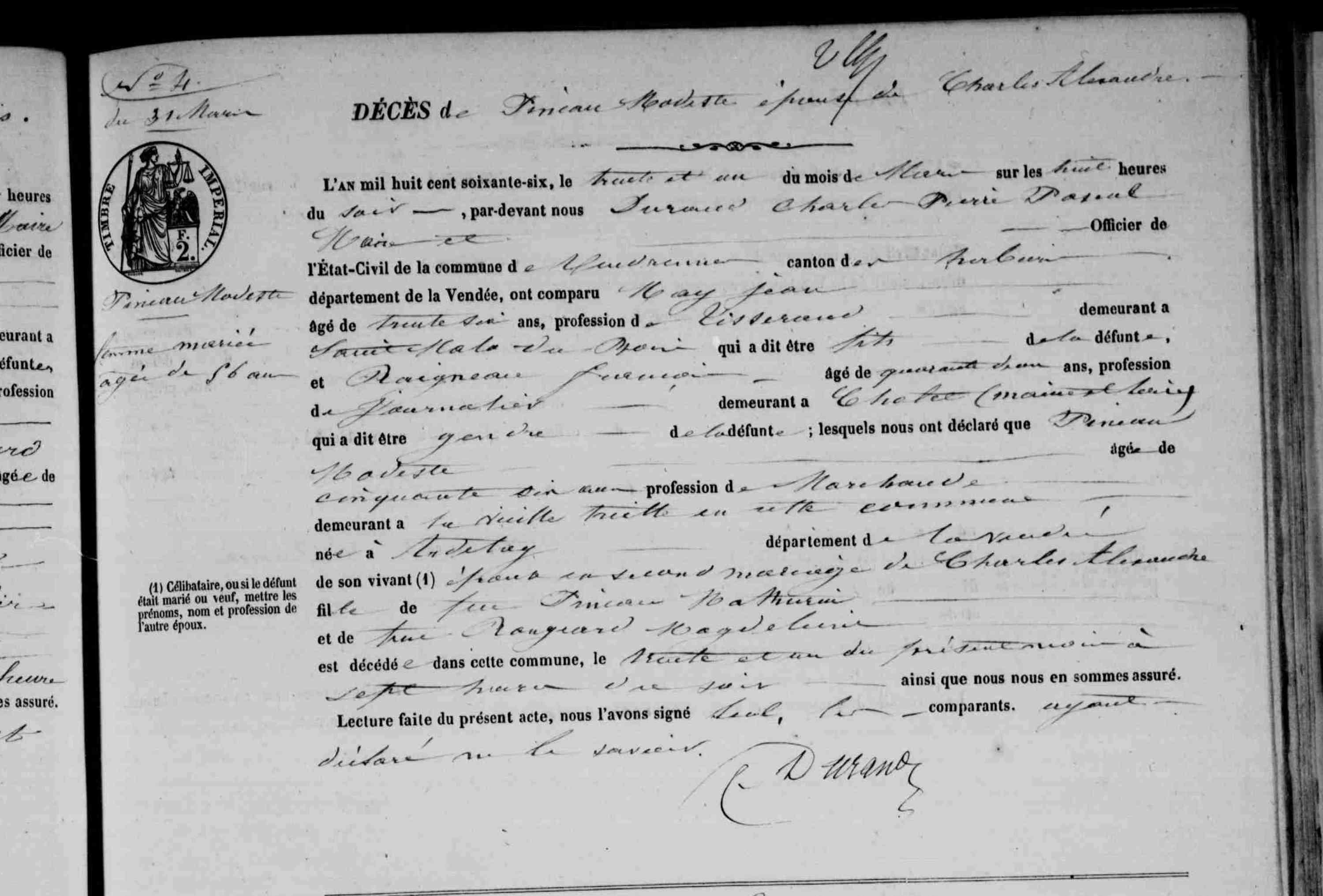 Acte de décès de Marie Modeste PINEAU le 31/03/1866 à Vendrennes (85)