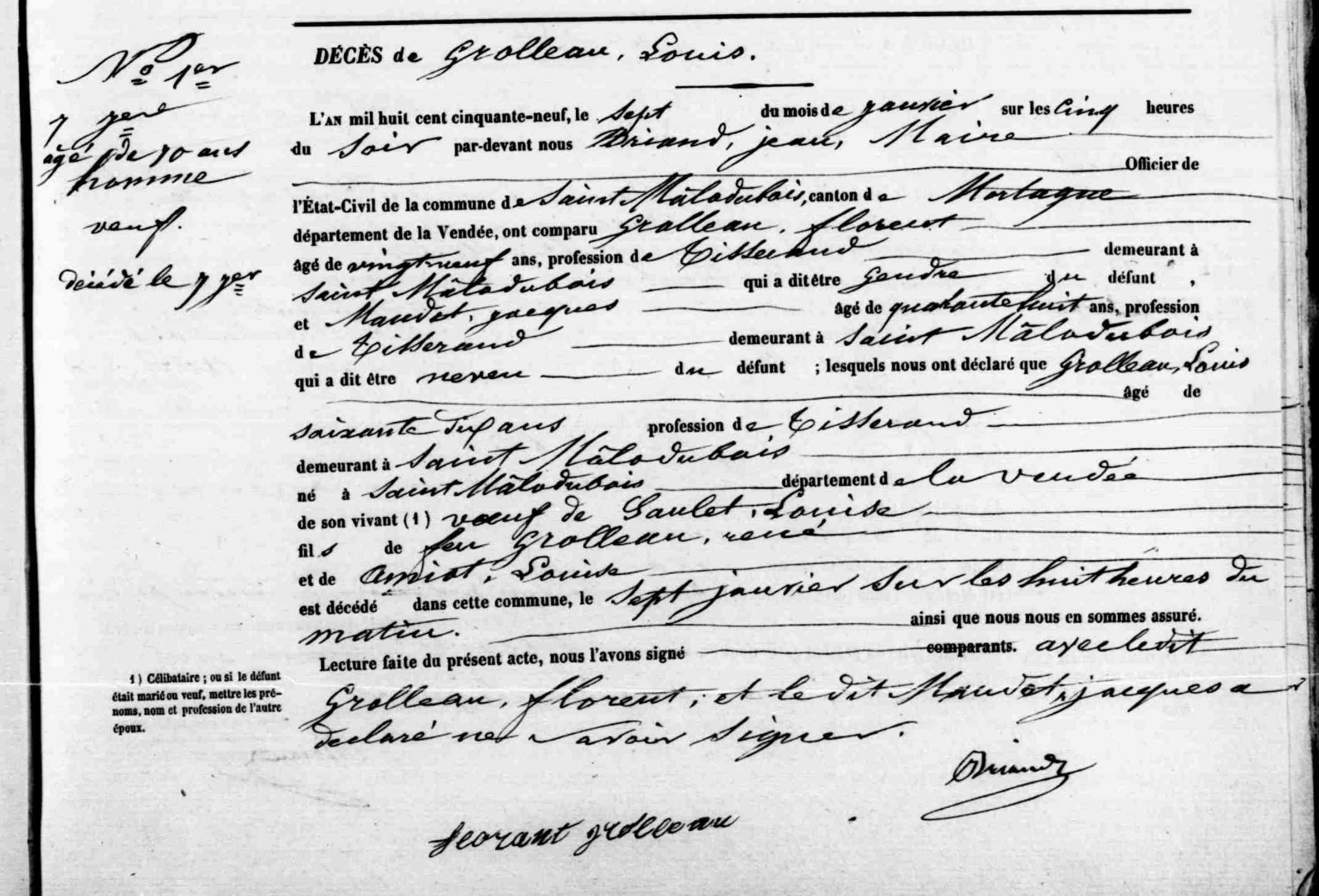 Acte de décès de Louis Augustin Marie GROLLEAU le 07/01/1859 à Saint-Malô-du-Bois (85)