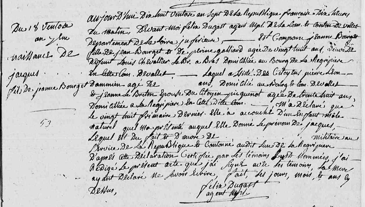 Acte de naissance de Jacques BOURGET le 08/03/1799 à Vallet (44)