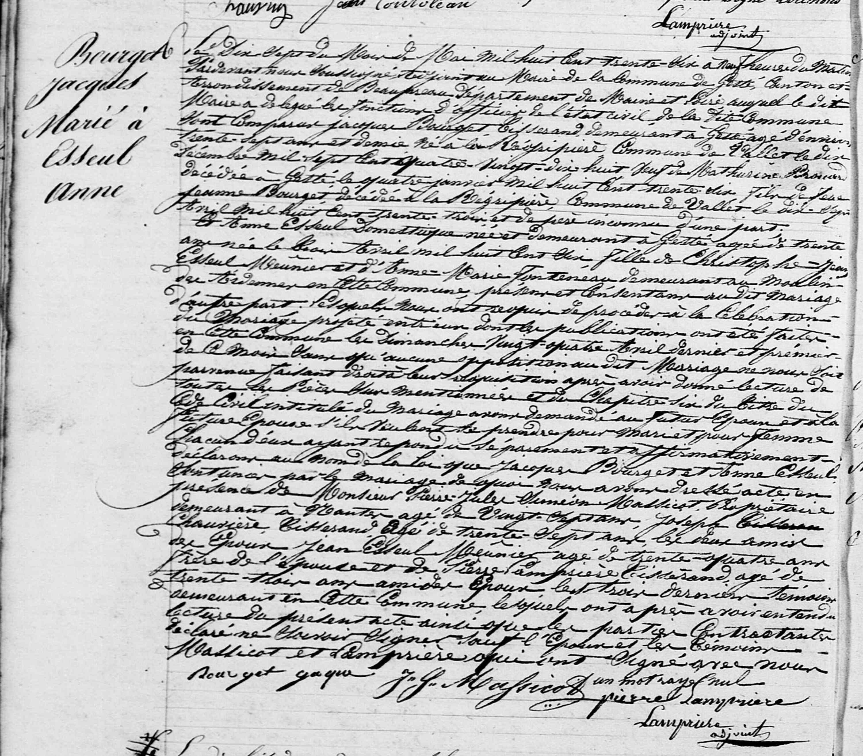 Acte de mariage de Jacques BOURGET et Anne ESSEUL le 17/05/1836 à Gesté (49)